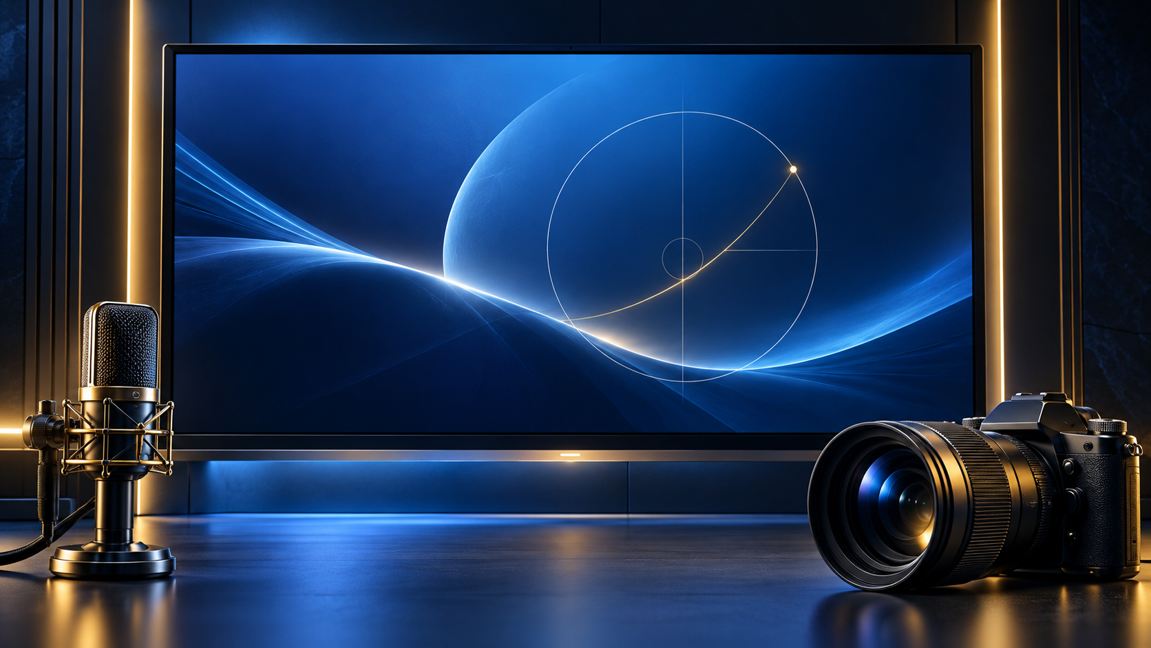 Concept illustration of a large interactive display, camera and studio microphone